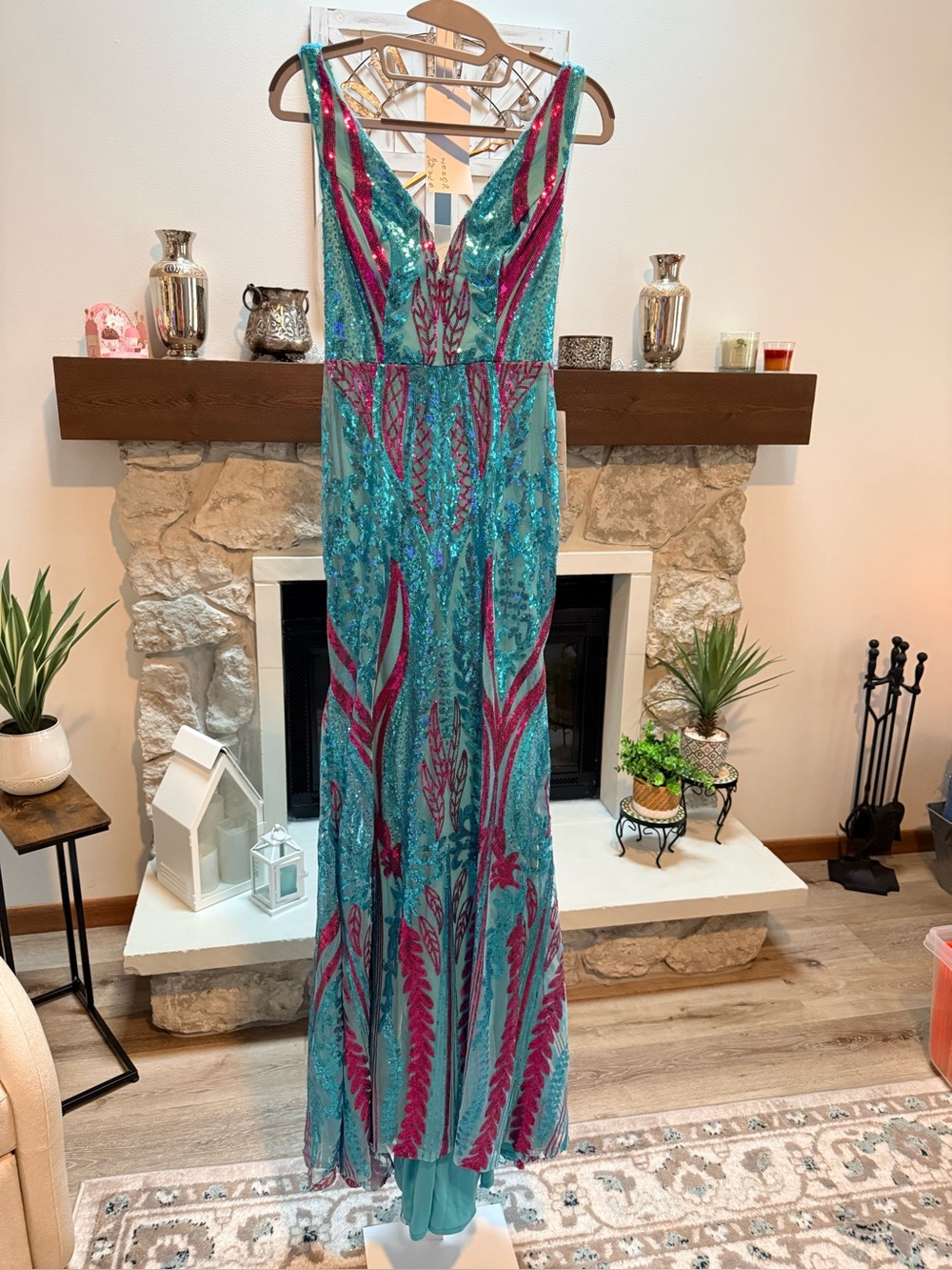 Size 2 Sequined Teal and Fuchsia Evening Gown